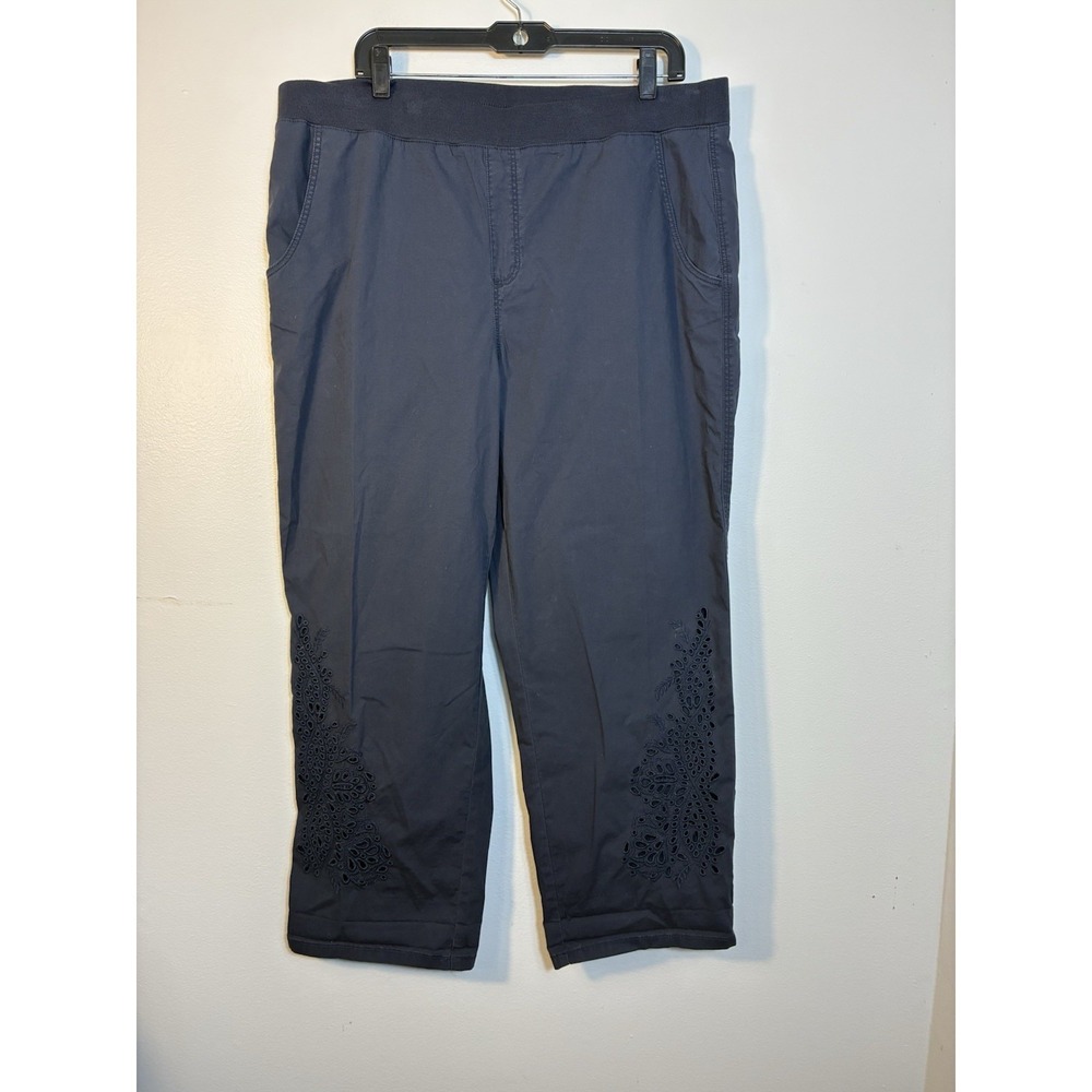 Chicos Eyelet Lace Detail Pull On Cropped Pants Sz 16 Navy‎ Blue Cotton